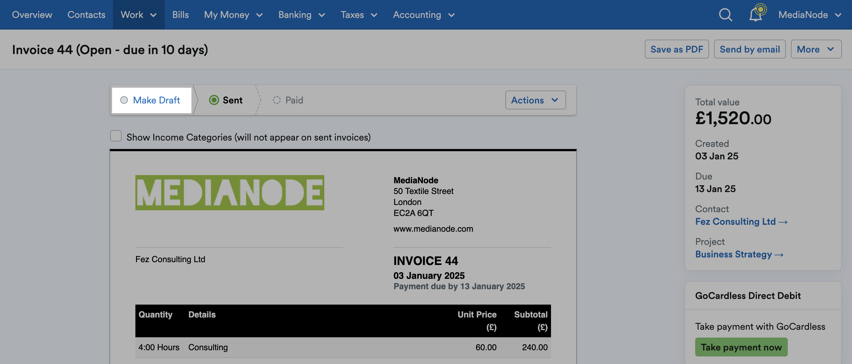 'Make Draft' button highlighted above invoice.