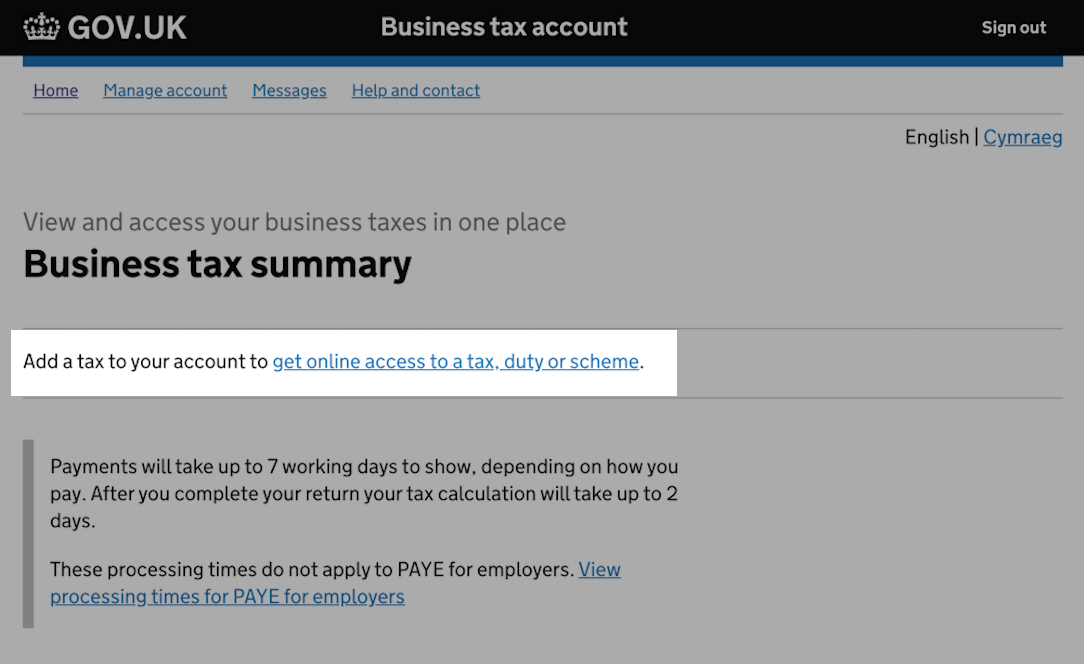 Link to add a tax as a service in business tax account highlighted