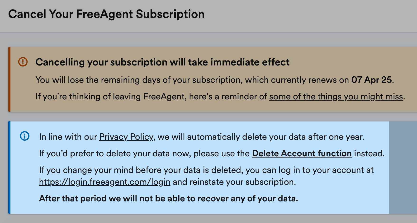 Confirmation that your account can be reinstated on the cancel account screen