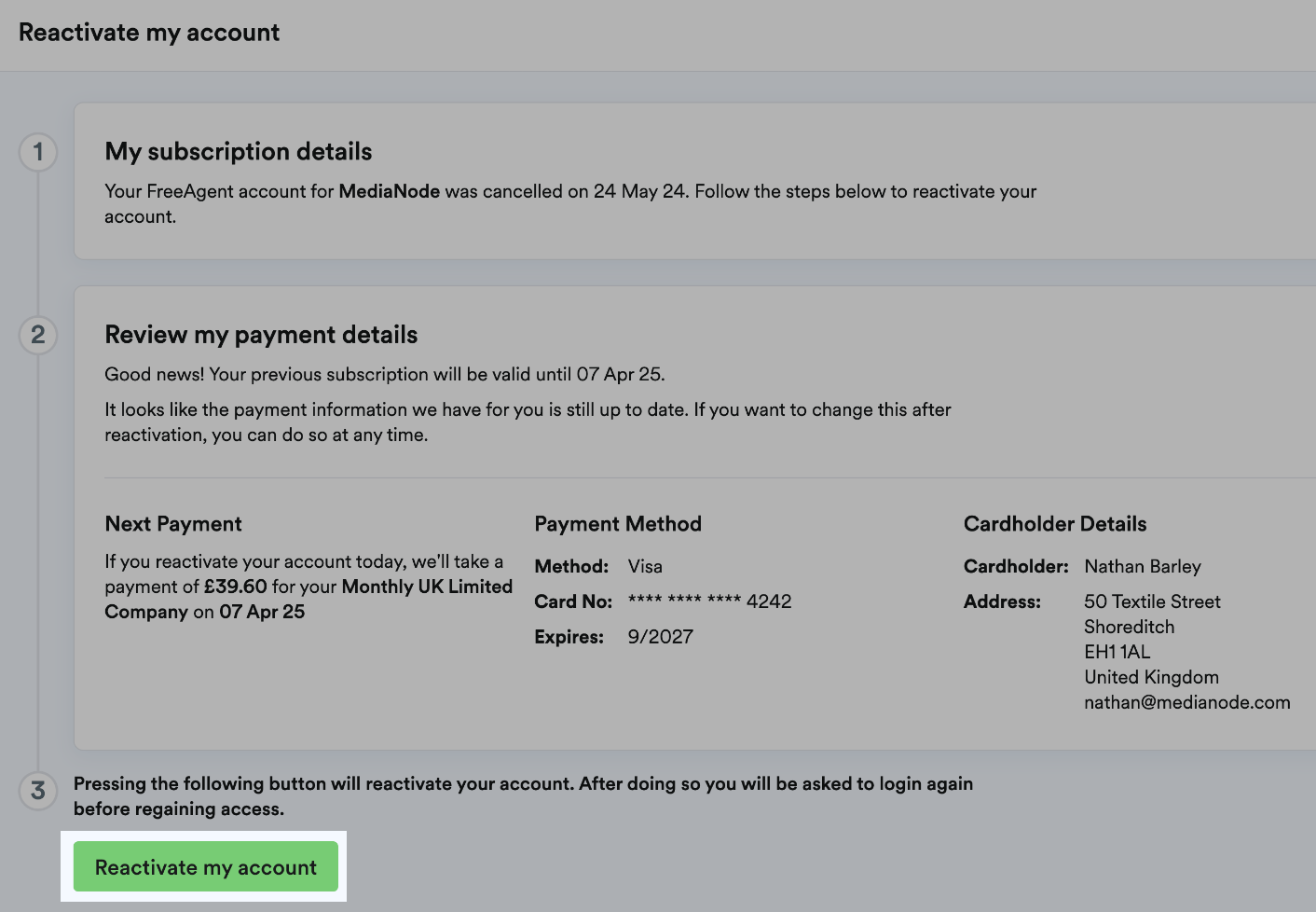 Reactivate my account button highlighted
