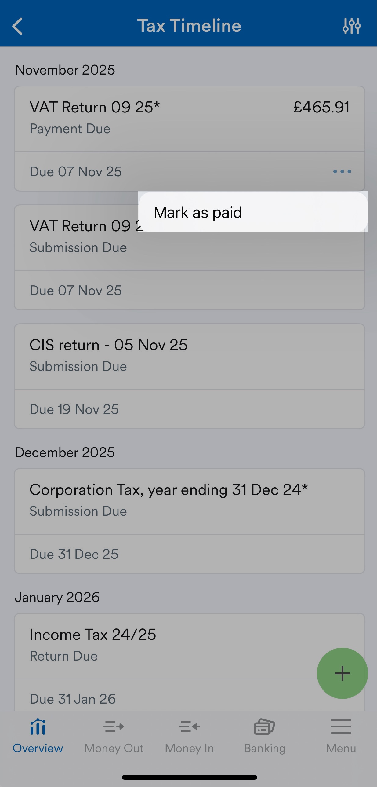 'Mark as paid' button for Due Corporation tax on Tax Timeline screen.