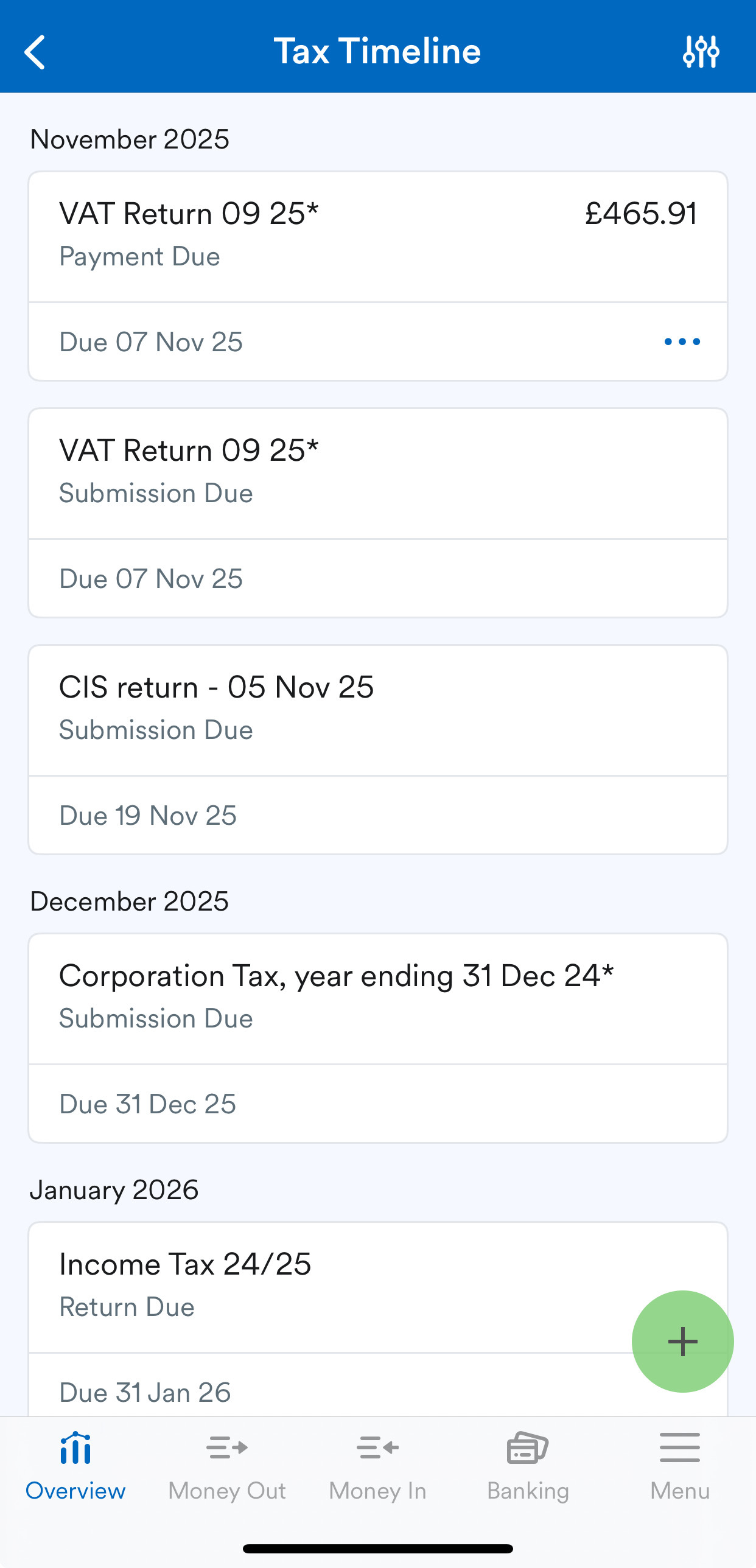 Tax Timeline screen.