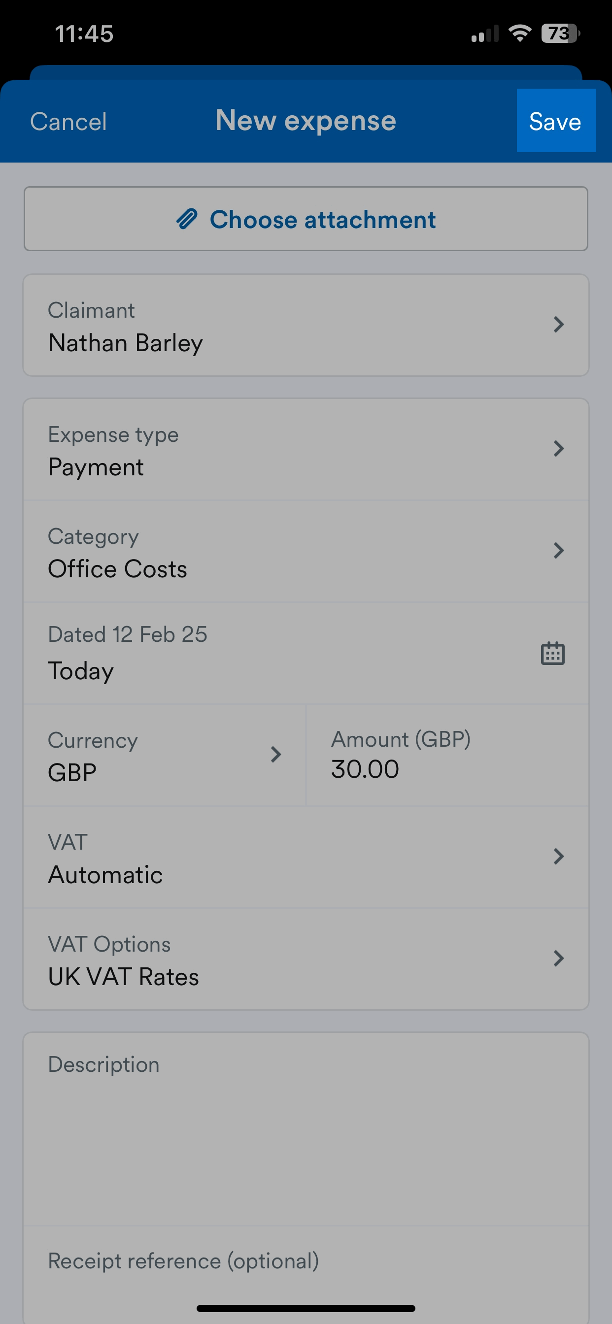 'Save' button highlighted on New expense screen.