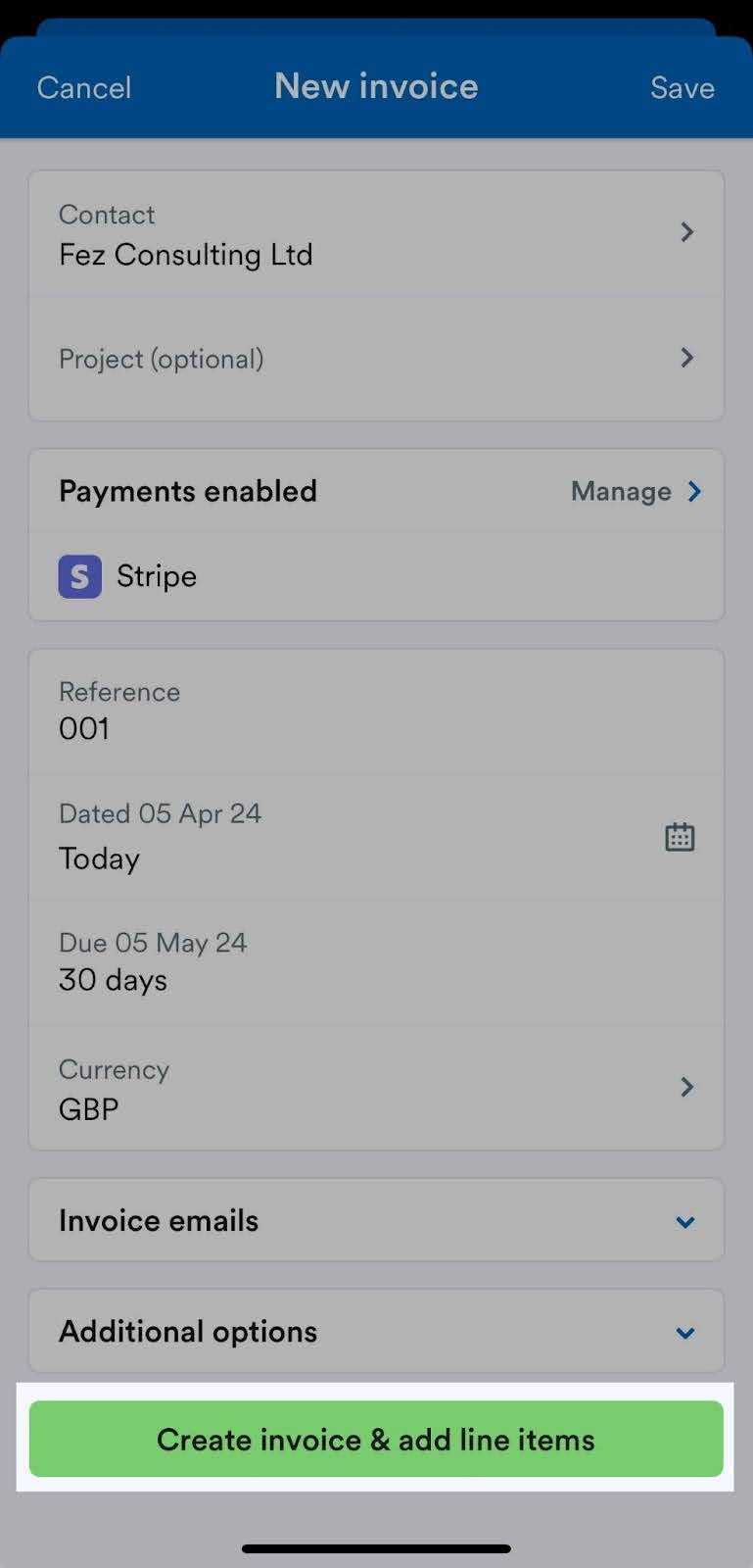 'Create invoice and add line items' button highlighted on New invoice screen.