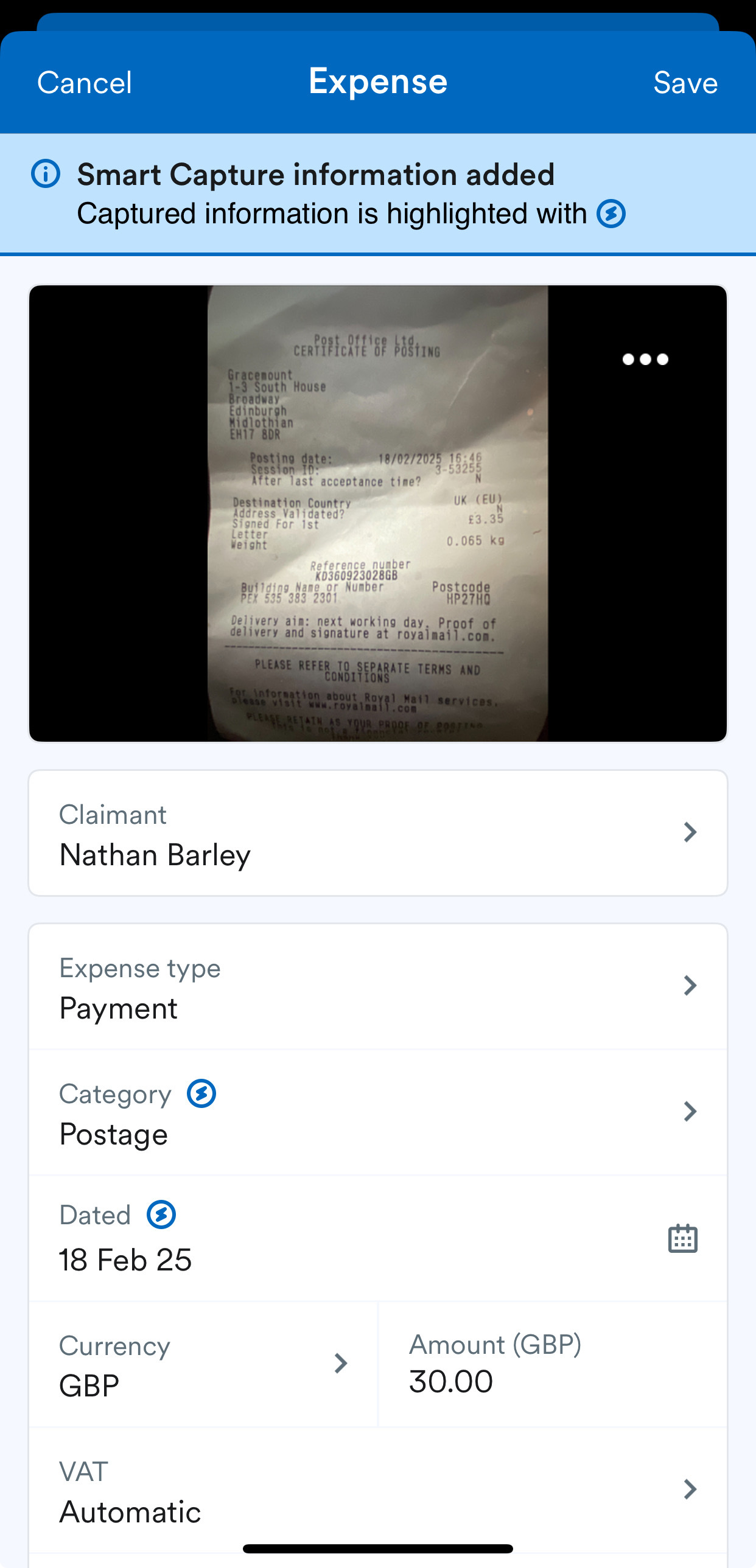 Expense screen showing Smart Capture information added.