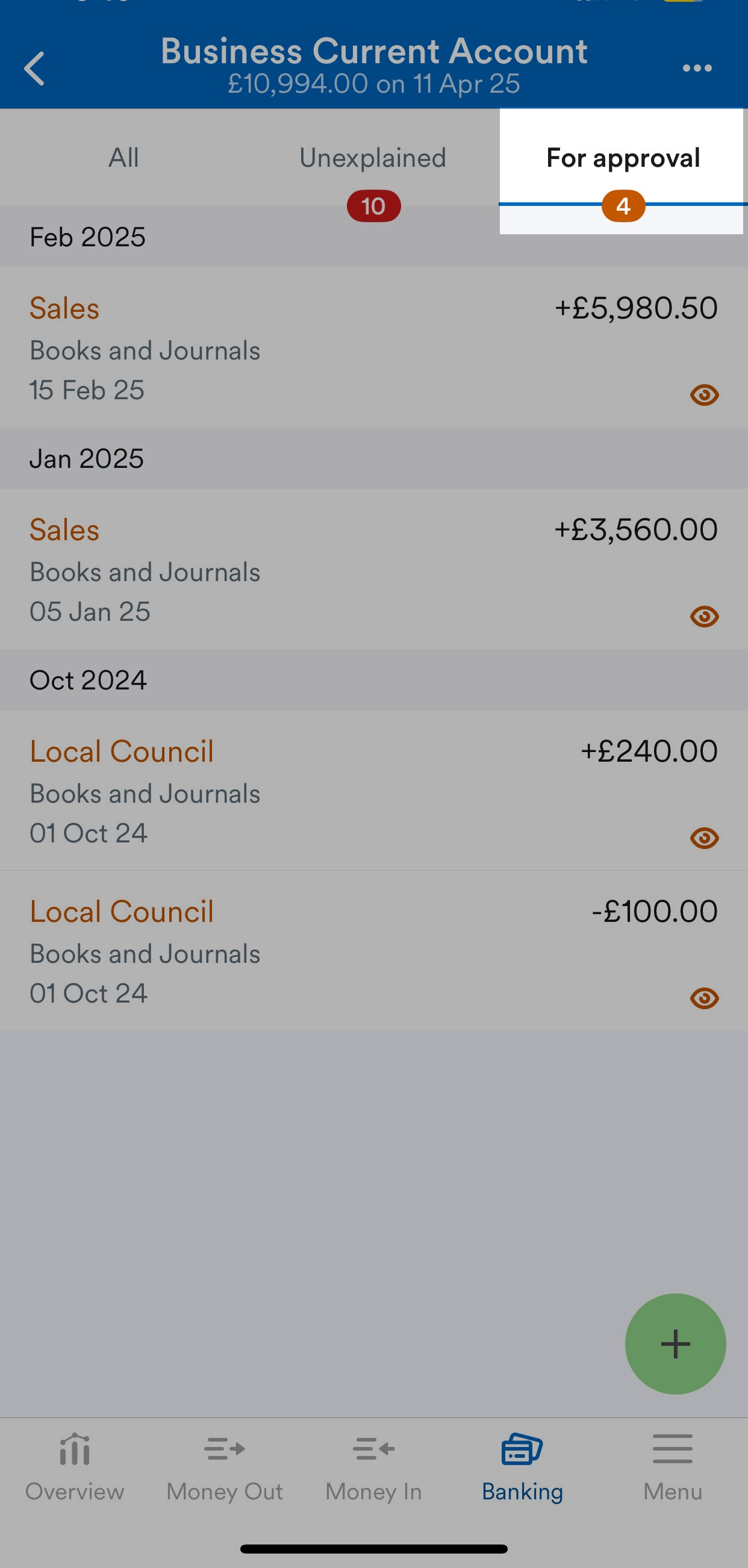 'For approval' tab highlighted on bank account screen.