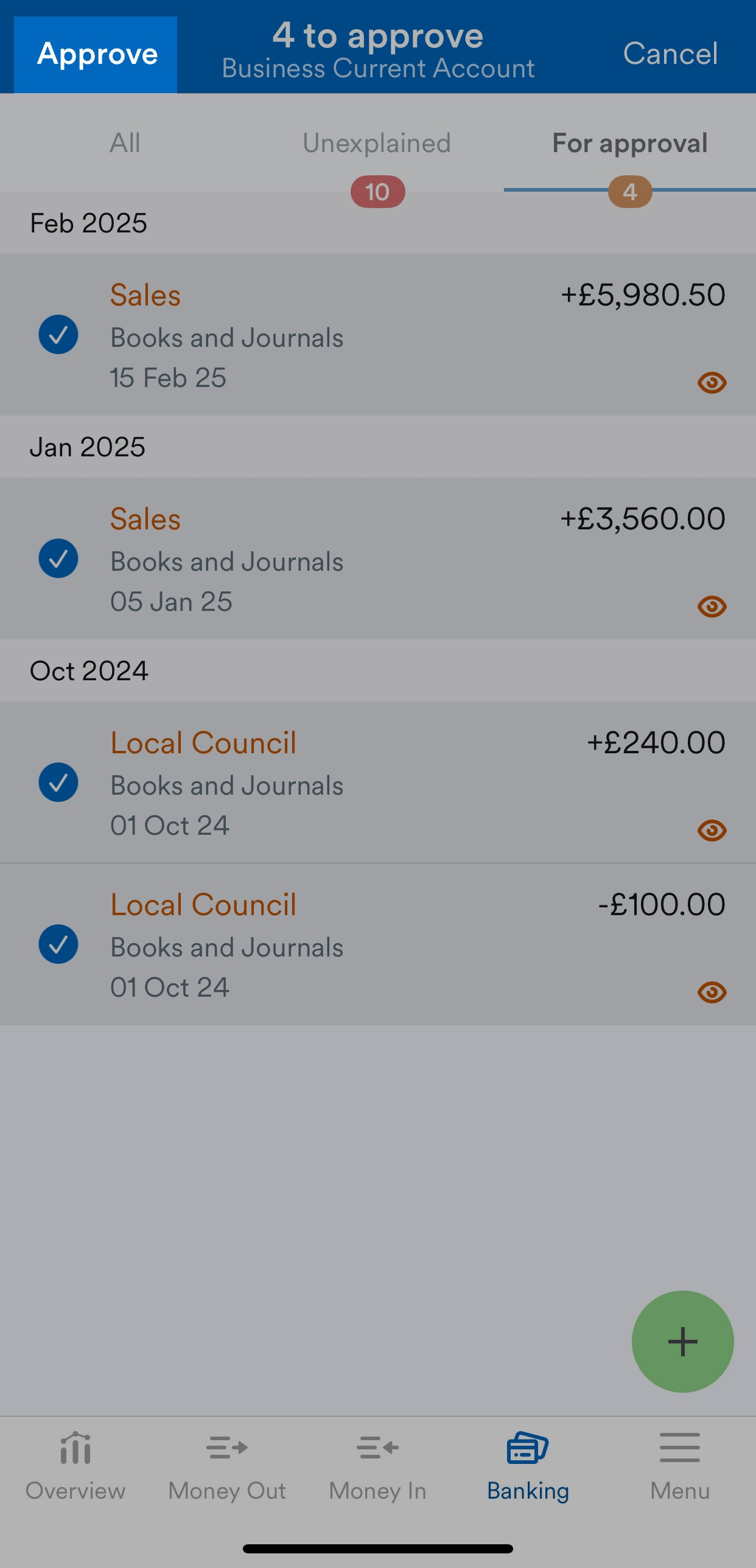 'Approve' button highlighted above selected unexplained transactions.