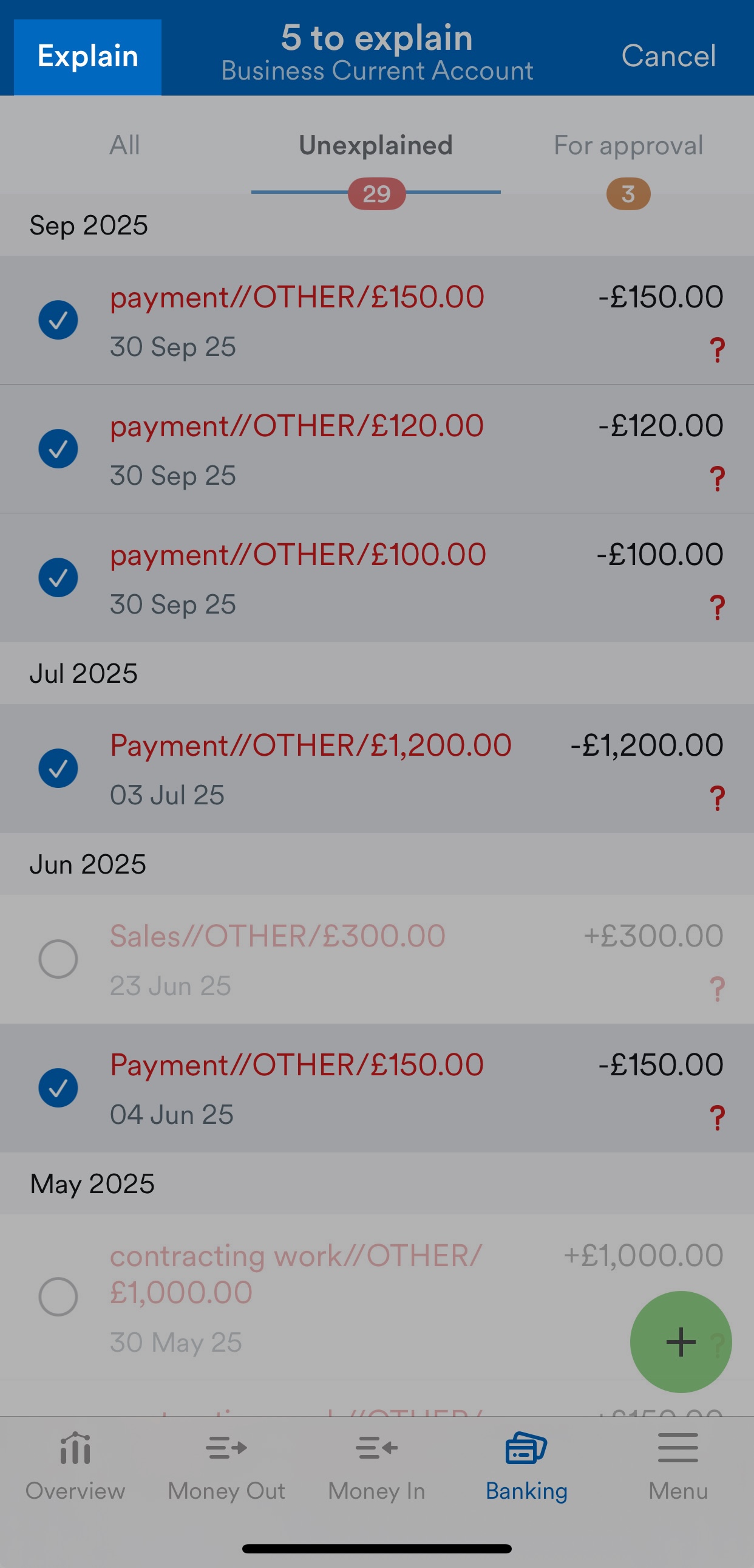'Explain' button highlighted above selected unexplained transactions.