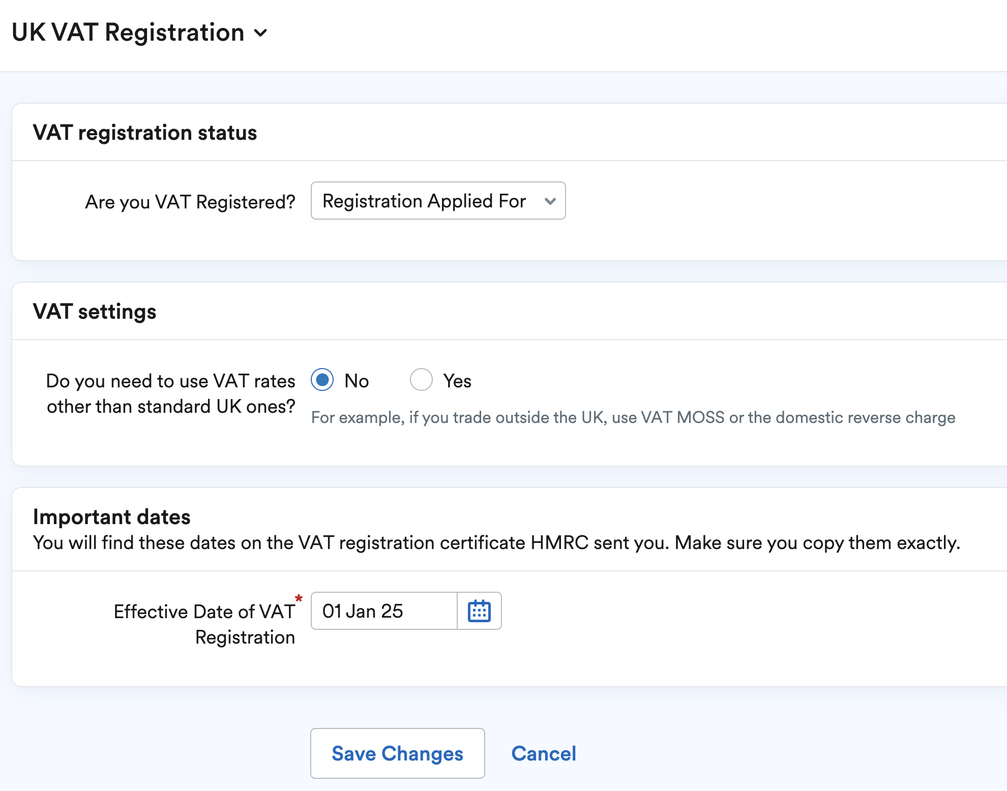 VAT Registration settings set as Registration Applied for