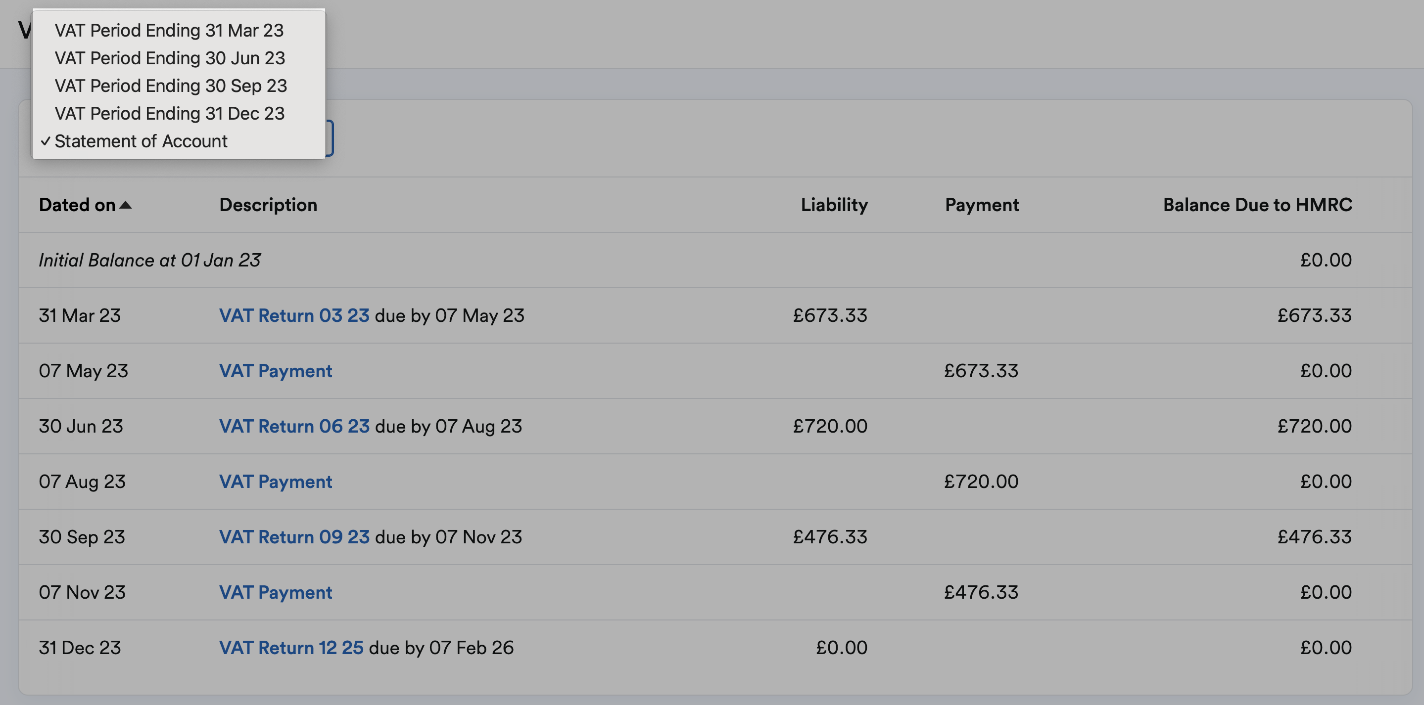 VAT Statement of Account drop-down menu highlighted