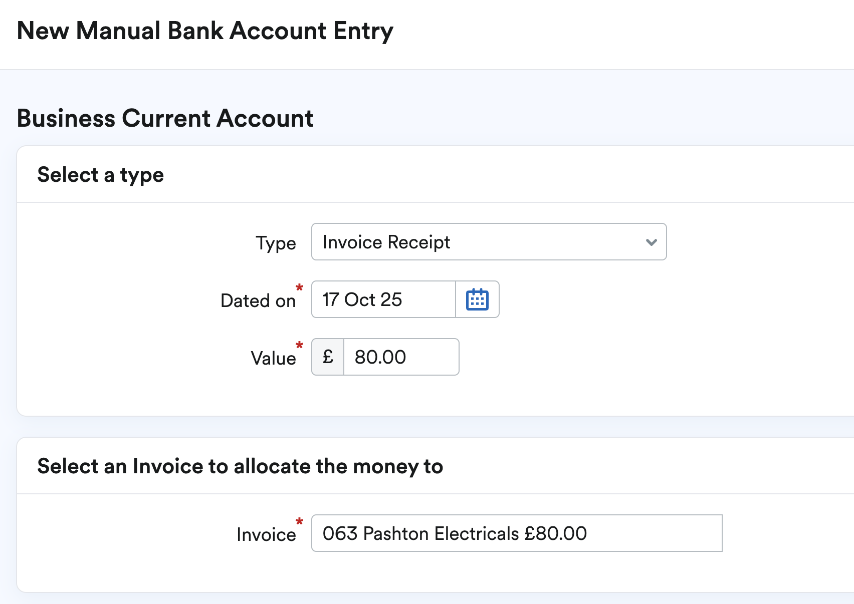 Manual bank transaction being entered as an invoice receipt