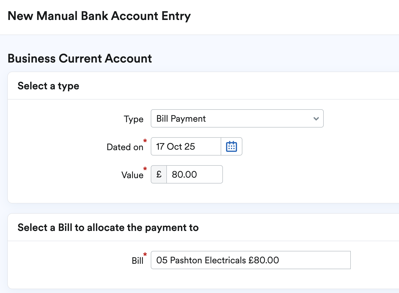 Manual bank transaction being entered as a bill payment