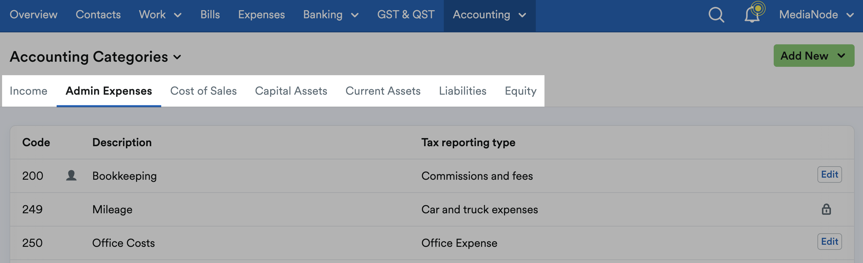Accounting category type tabs along the top highlighted