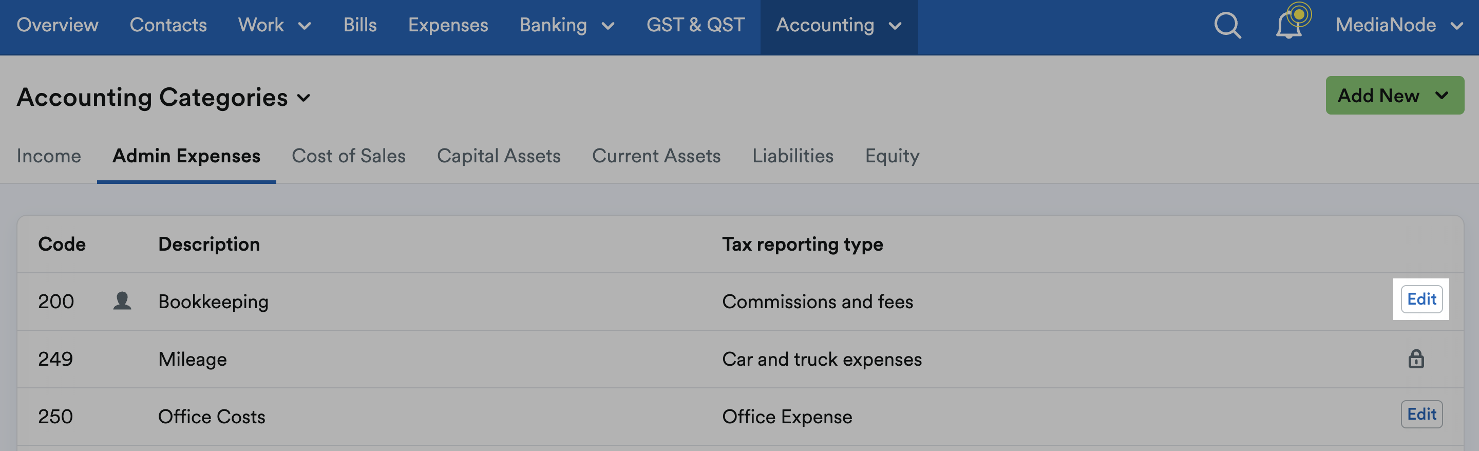 Edit button to the right of a category highlighted