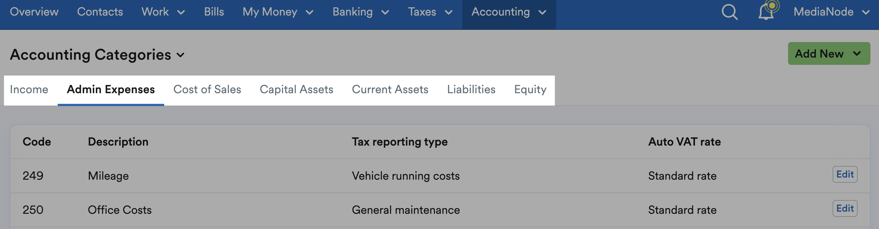 Accounting category type tabs along the top highlighted