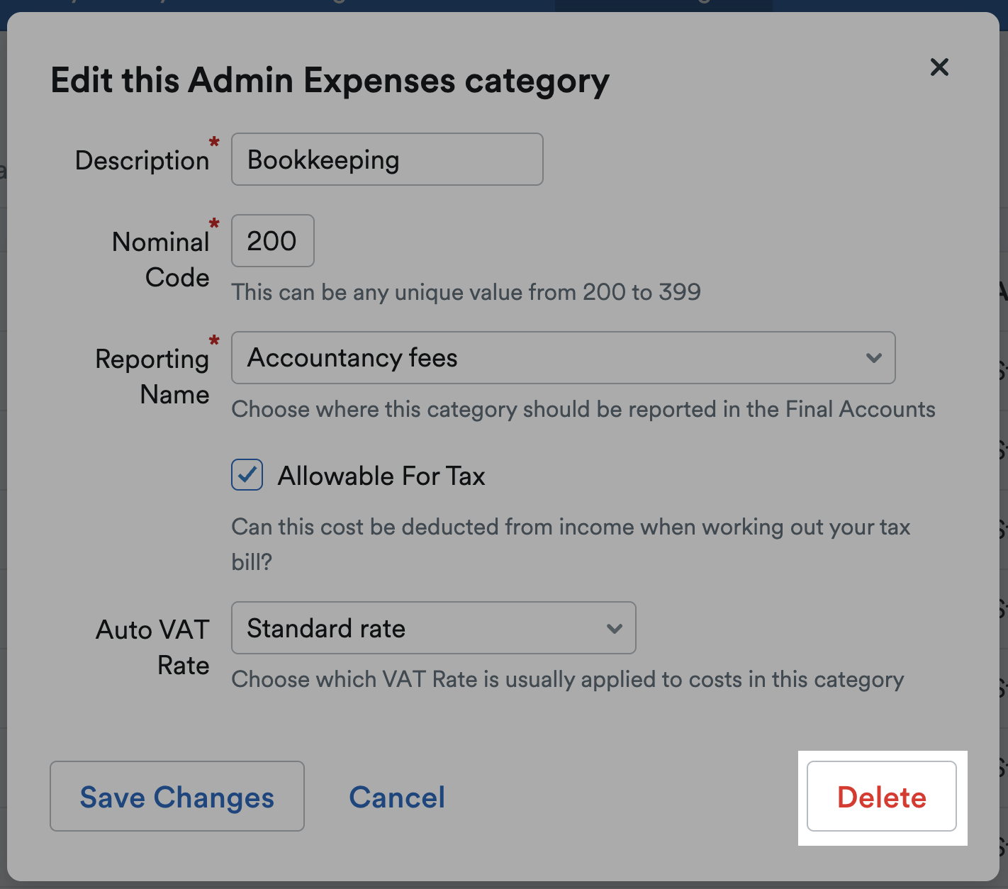 Delete button highlighted in modal