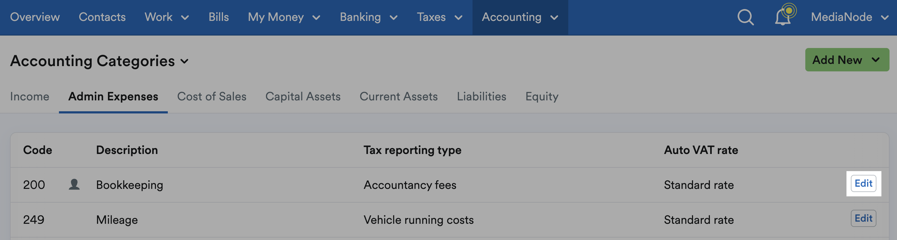 Edit button to the right of a category highlighted