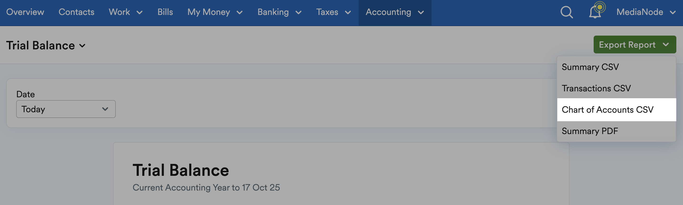 Chart of Accounts highlighted from the Export Report drop-down menu on the Trial Balance report