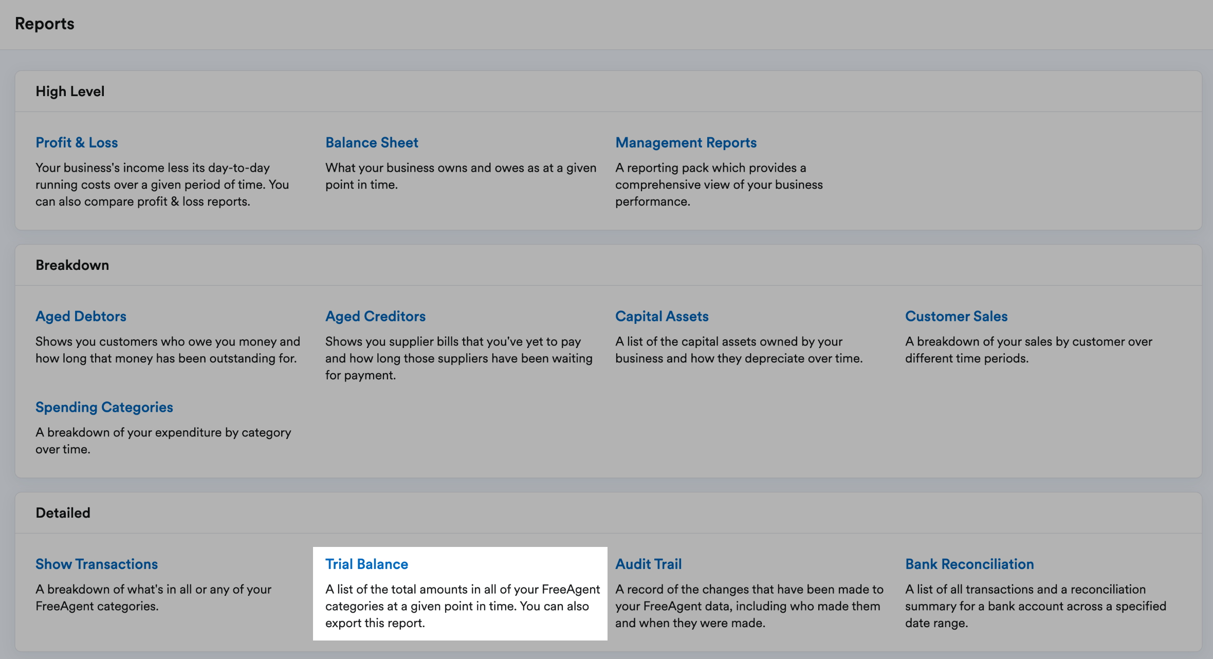 'Trial Balance' highlighted in Detailed section of Reports page.