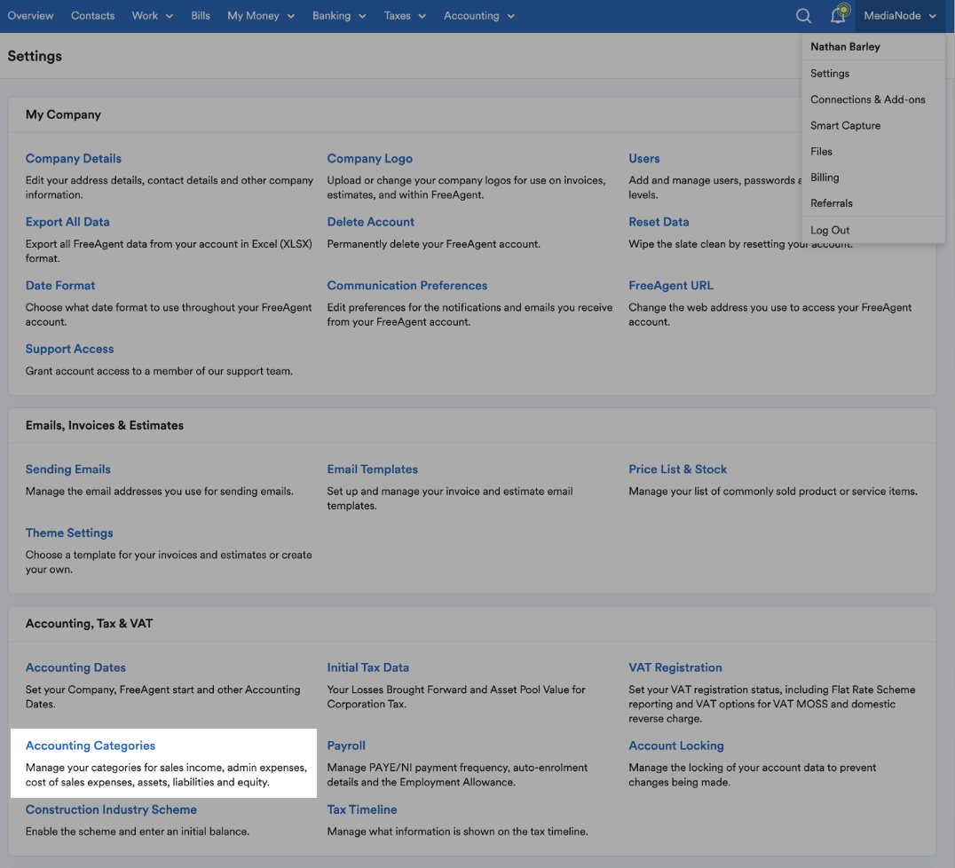 Accounting Categories highlighted in Settings menu