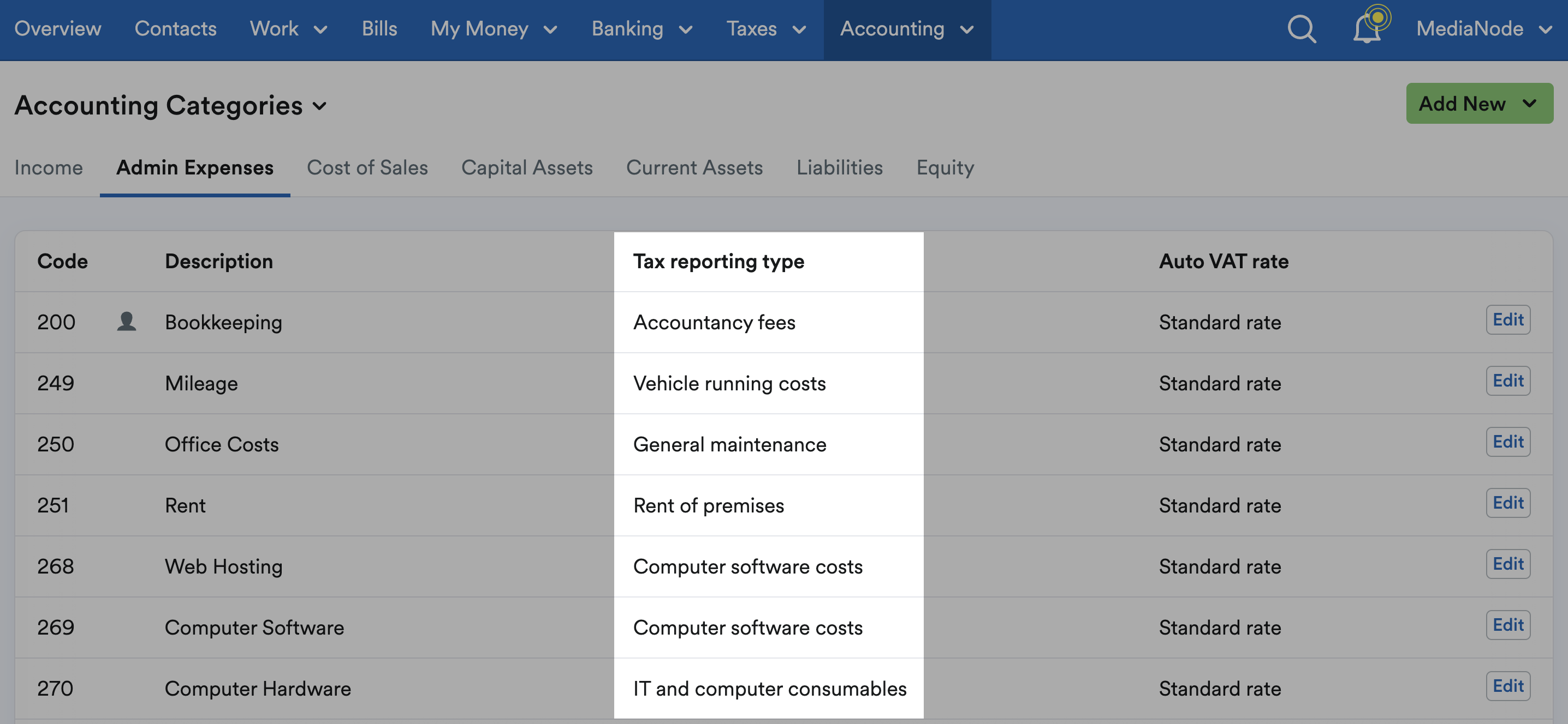 Tax reporting type column highlighted