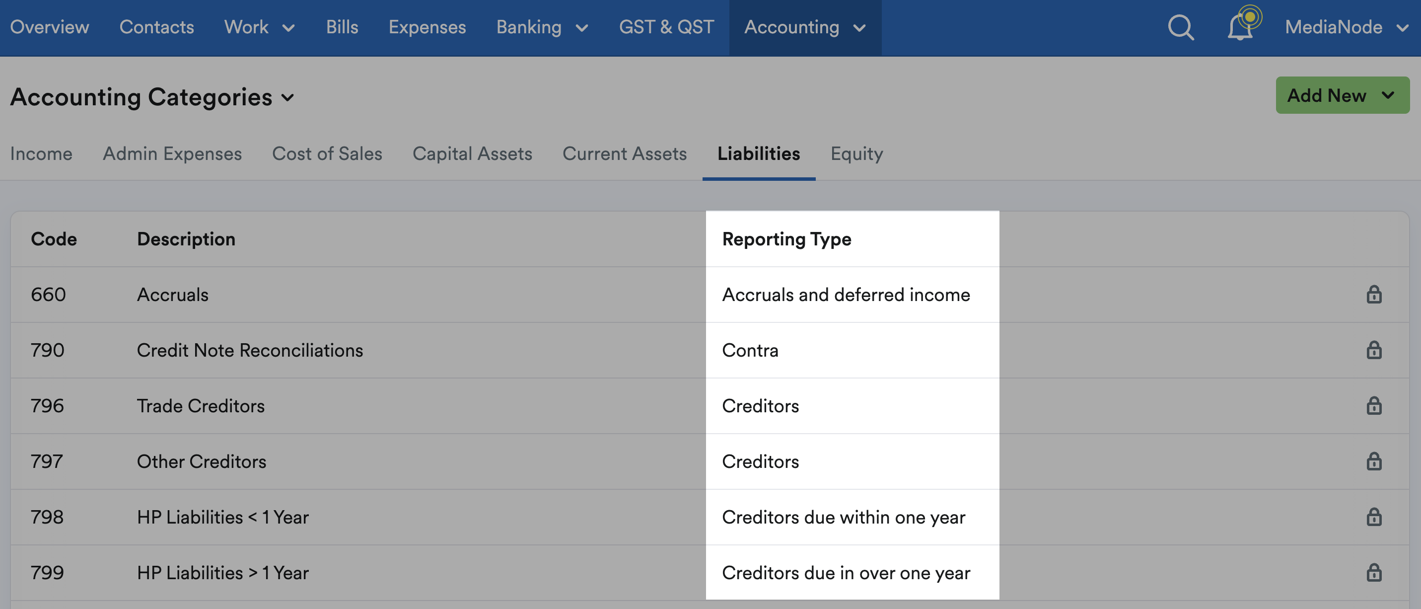 Reporting type column highlighted