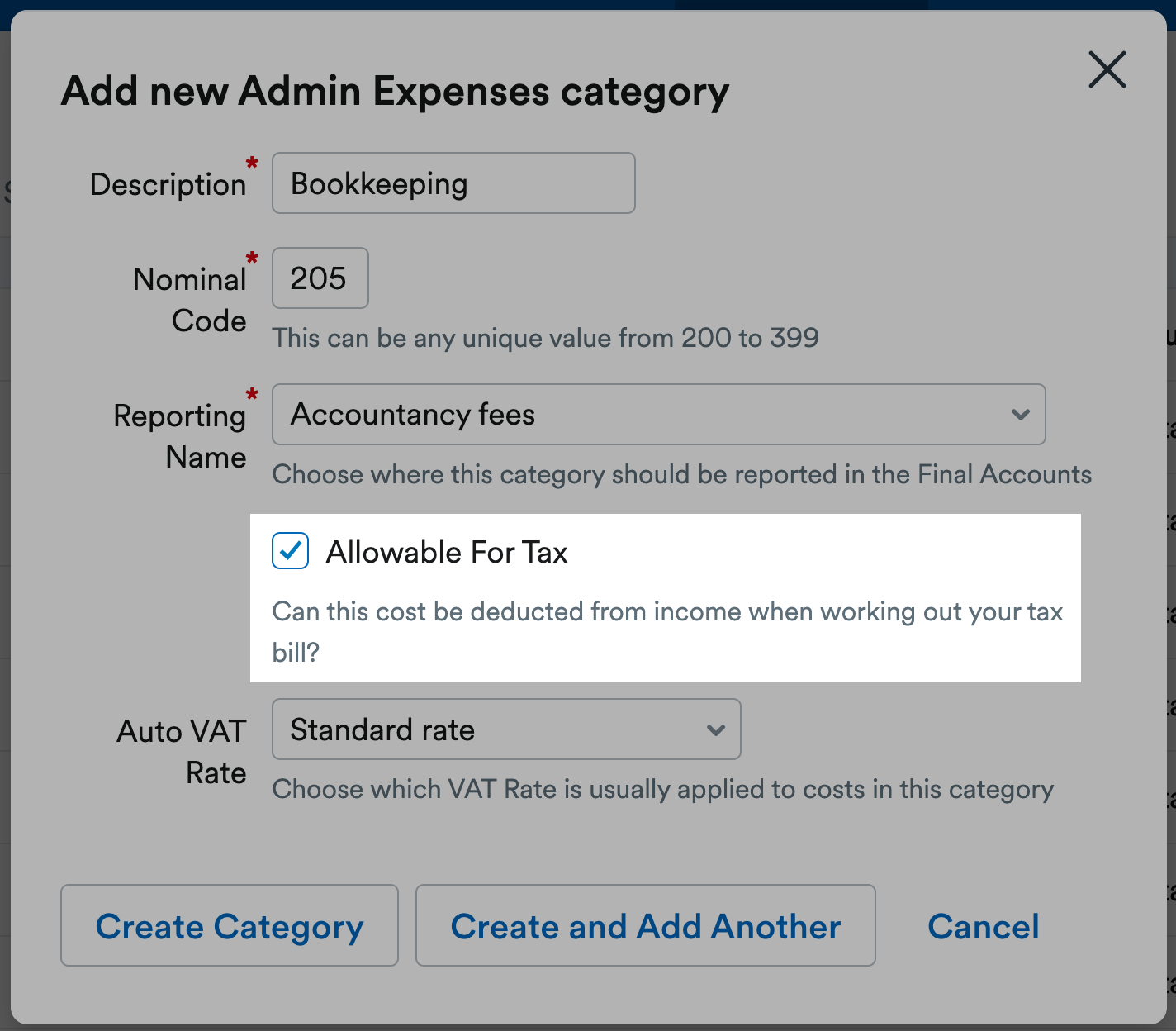 Allowable for Tax box ticked and highlighted on the Add new Admin Expenses category screen