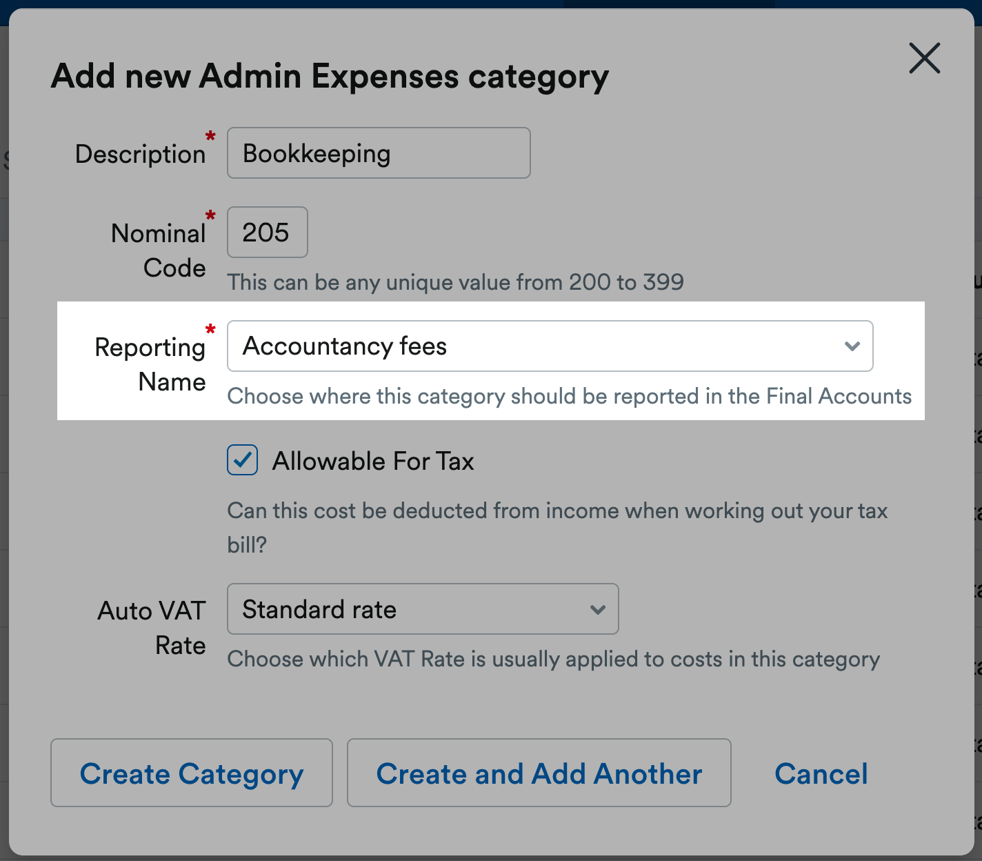 Reporting Name drop-down highlighted on the Add new Admin Expenses category screen