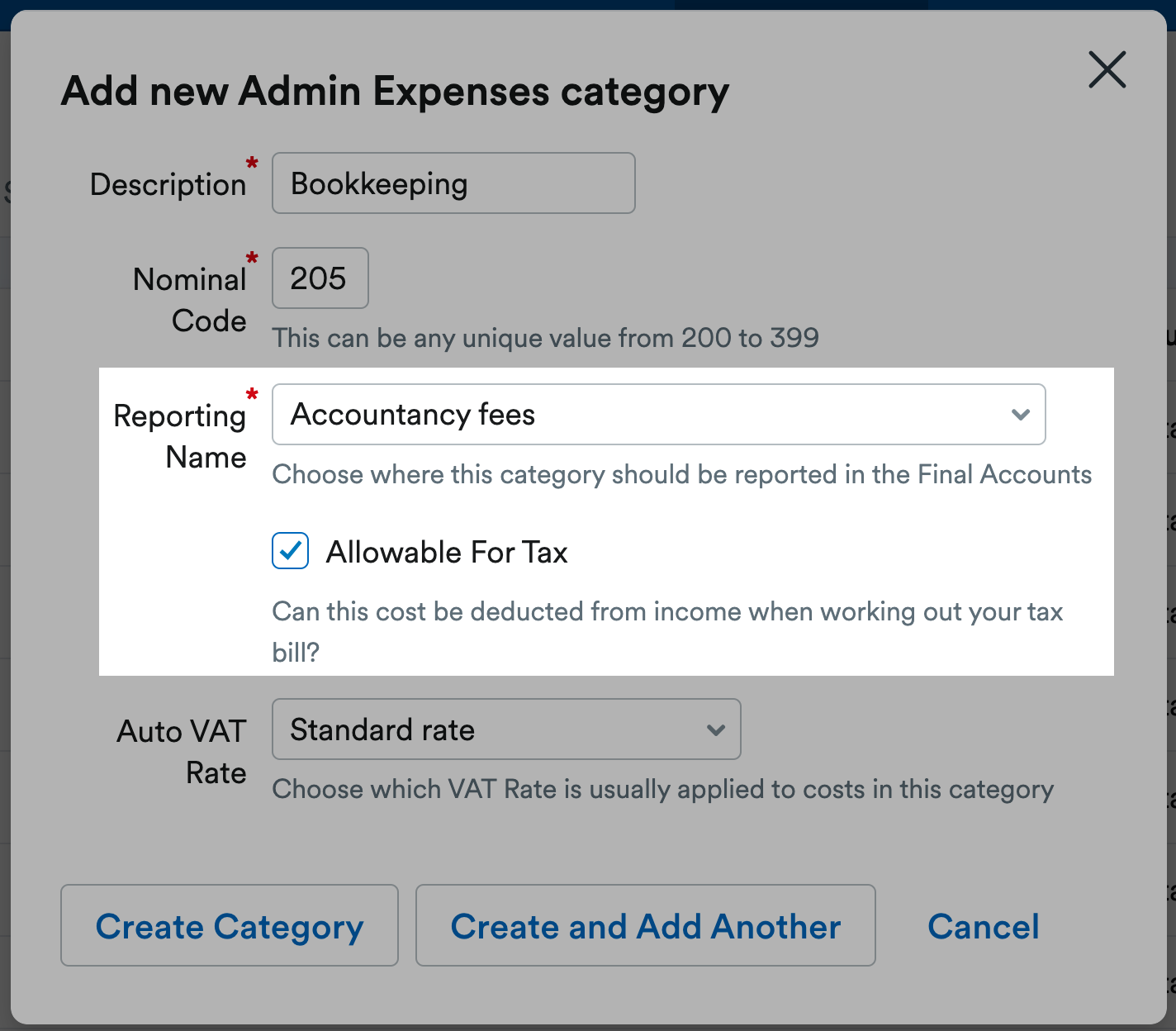 Reporting Name box and allowable for tax checkbox highlighted