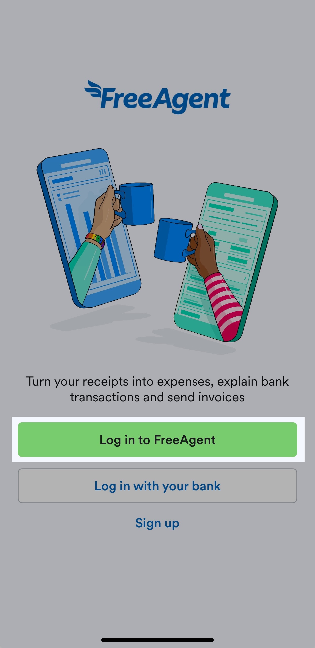 Mobile login screen with option to log in to FreeAgent highlighted