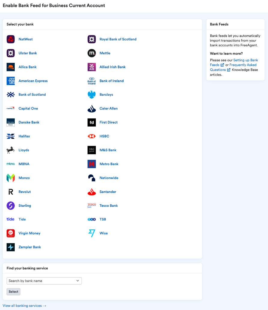 List of banks to enable a bank feed for.