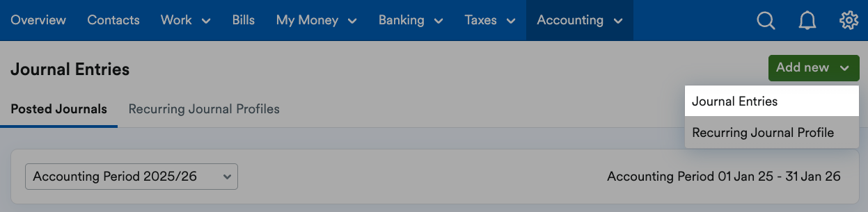 Journal Entries highlighted from Add new menu