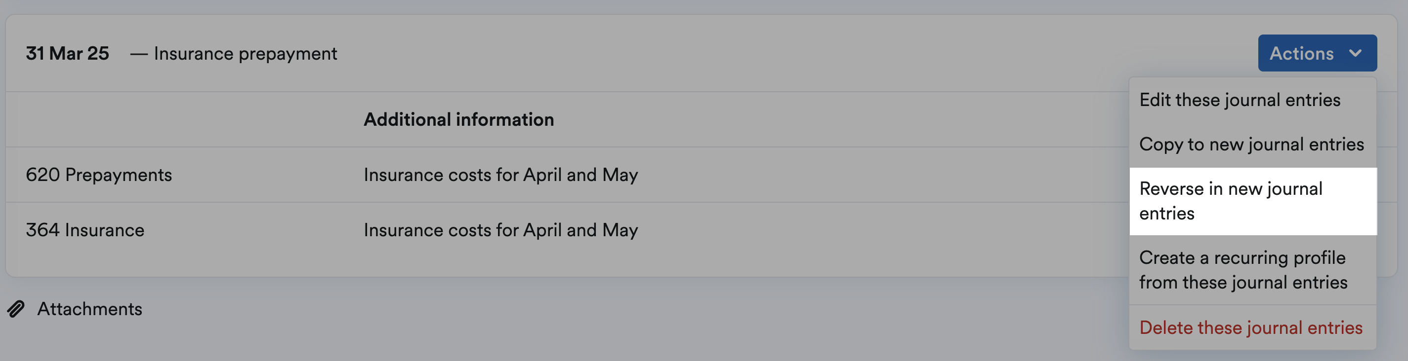 Reverse in new journal entries highlighted in Actions drop down menu