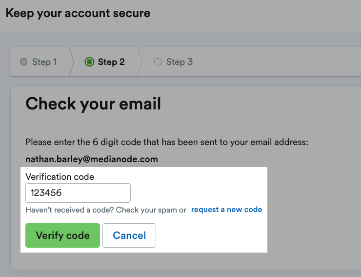 Verification field and 'Verify code' button highlighted.