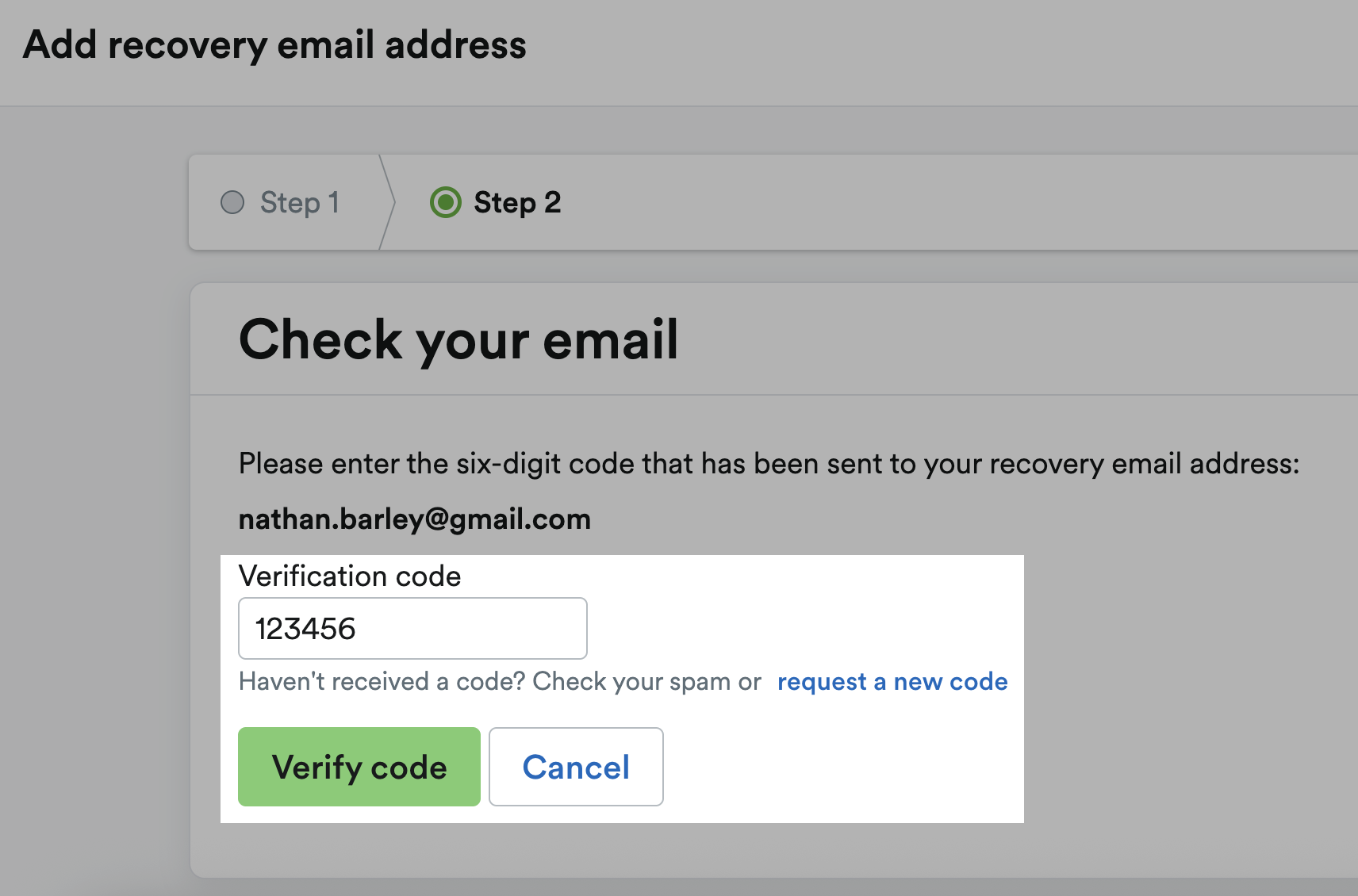 Verification field and 'Verify code' button highlighted.