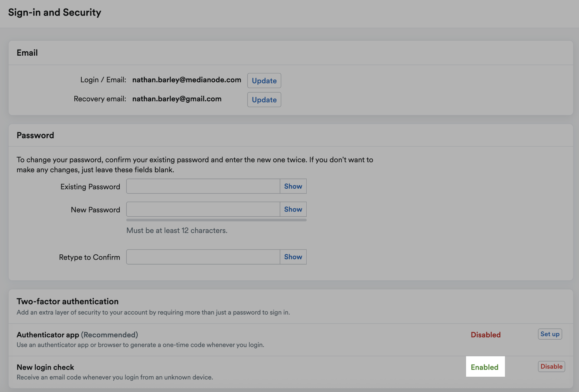 New login check showing as 'Enabled'.