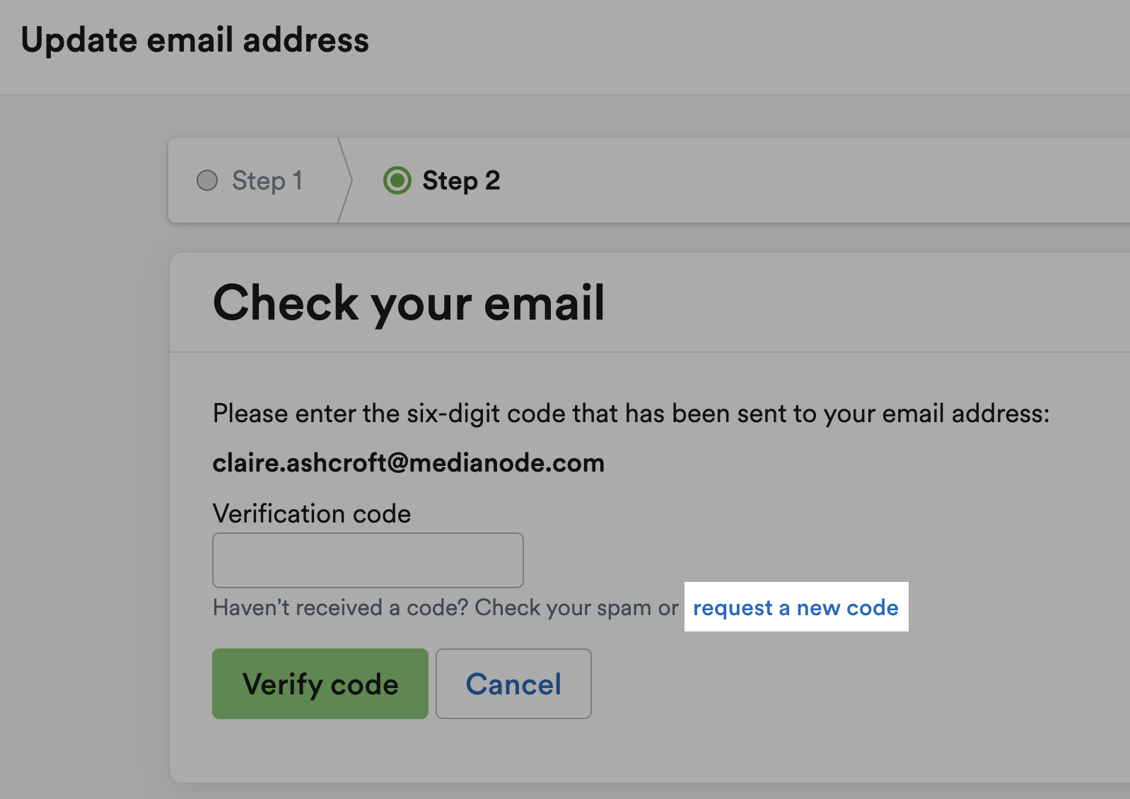 'request a new code' highlighted.