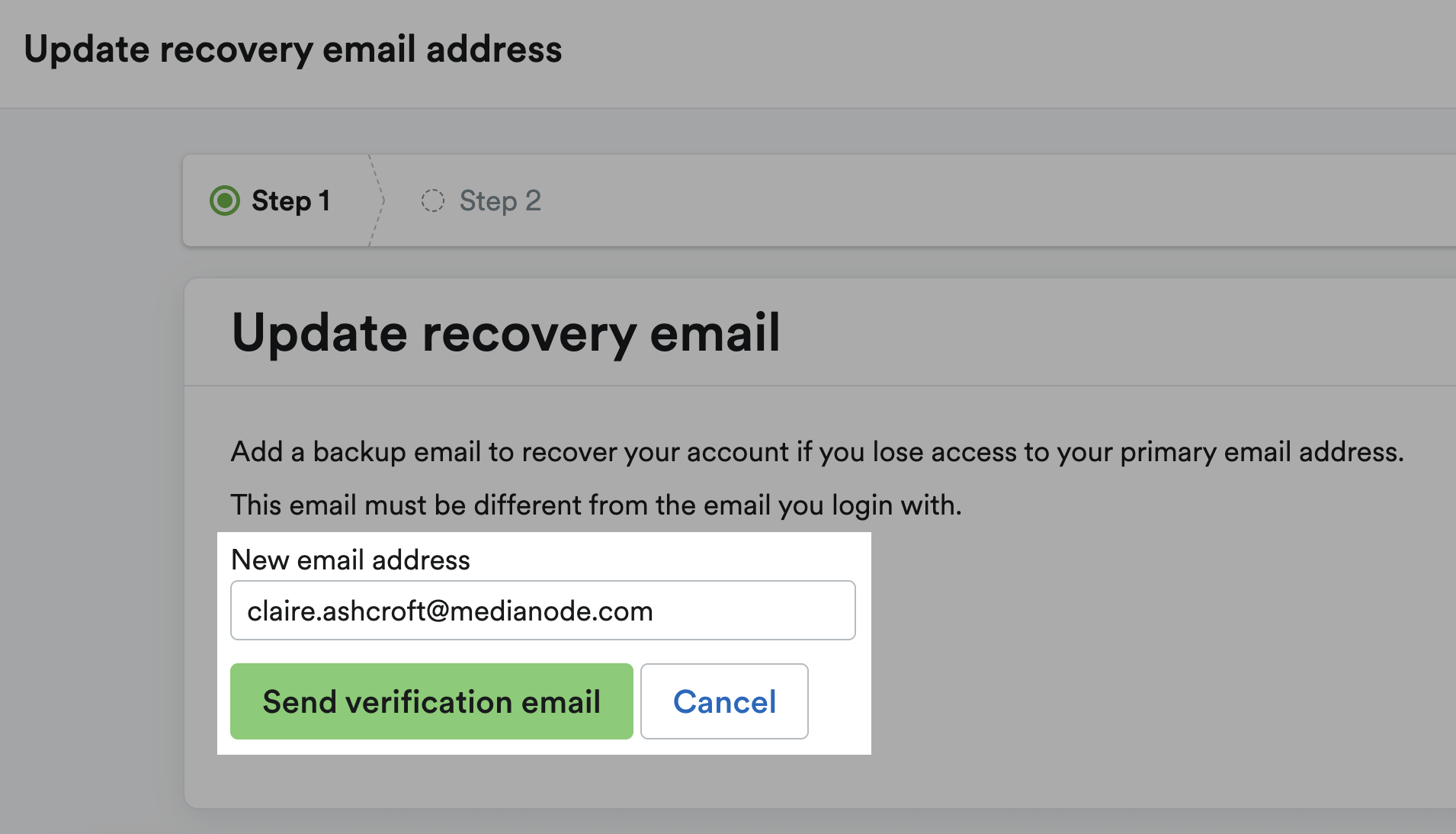 New email address field and 'Send verification email' button.