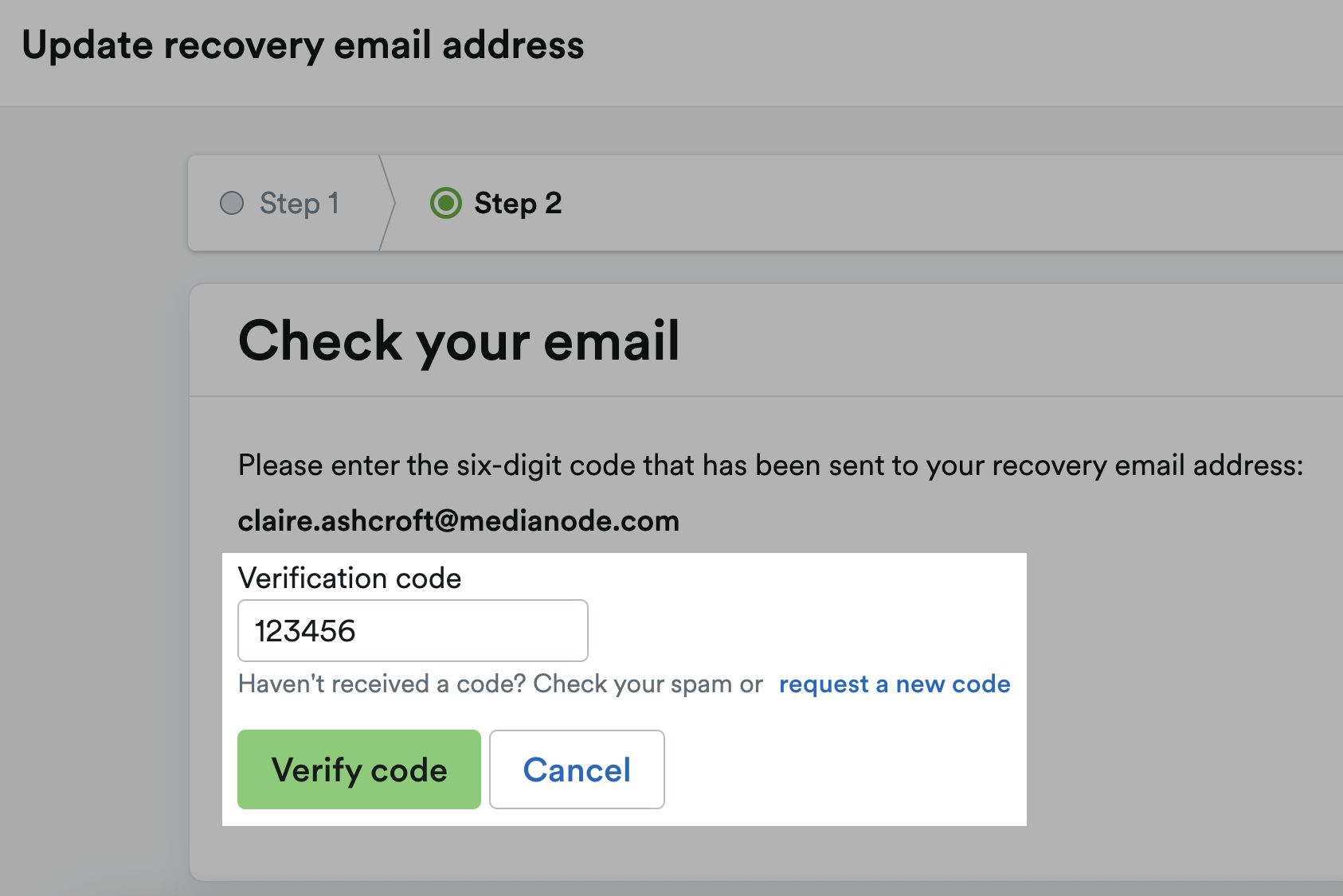 Verification code field and 'Verify code' button.