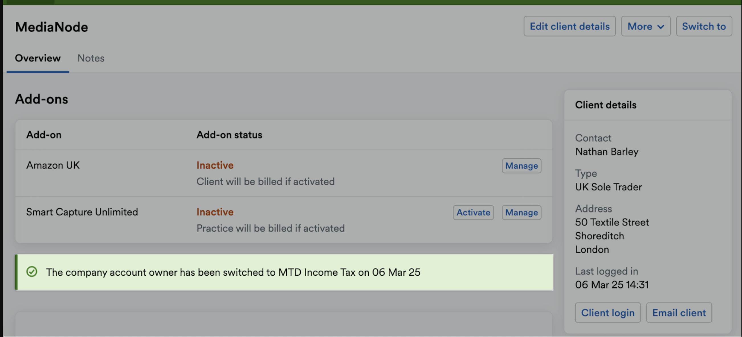 Pop up message saying the company account owner has been switched to MTD Income Tax.