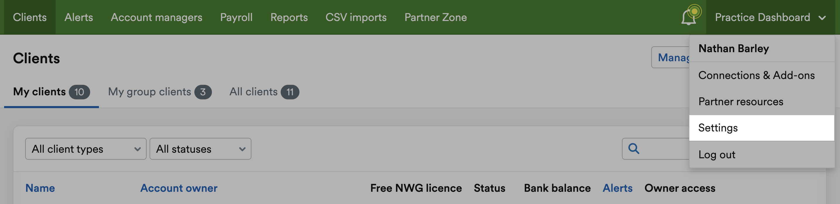 'Settings' highlighted under practice name drop down menu.