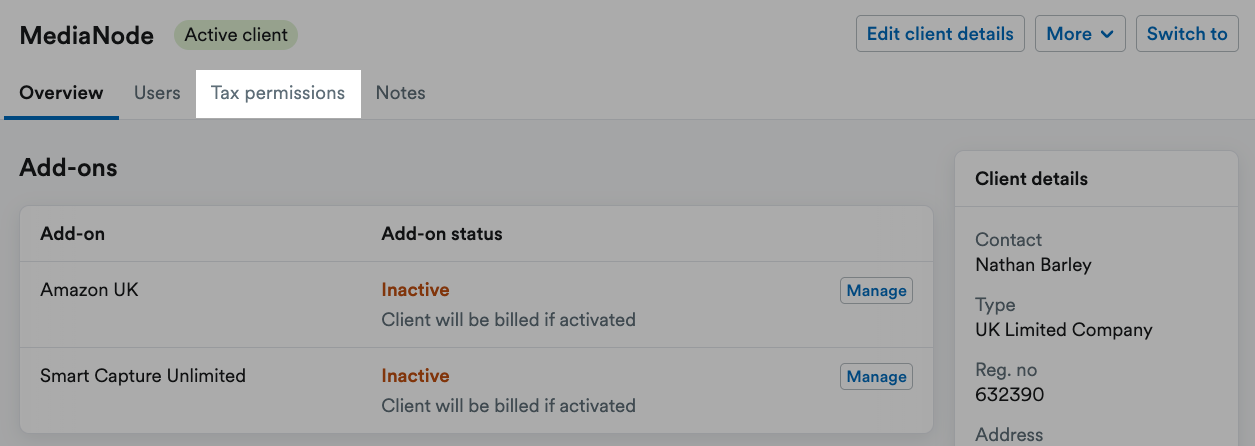 Tax permissions tab highlighted within the client's profile