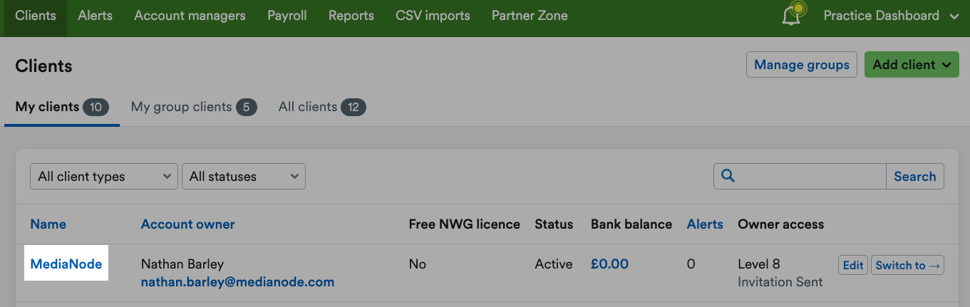 Client name highlighted in the Clients area of the dashboard