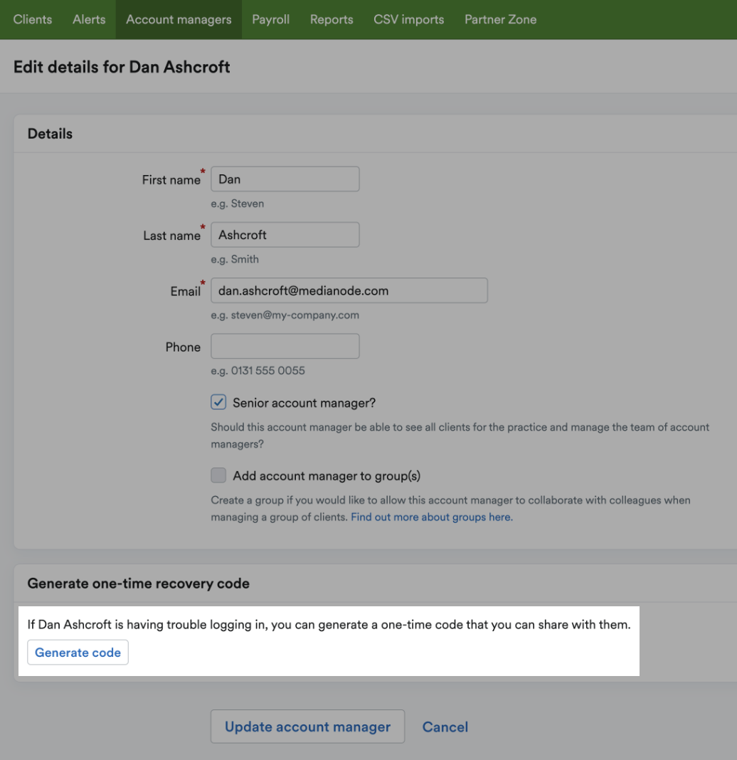 'Generate code' button highlighted to generate a one-time recovery code for the example account manager.