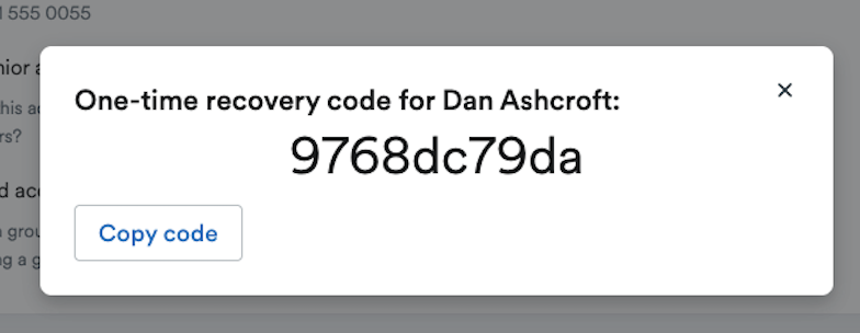 One-time recovery code for example account manager generated.