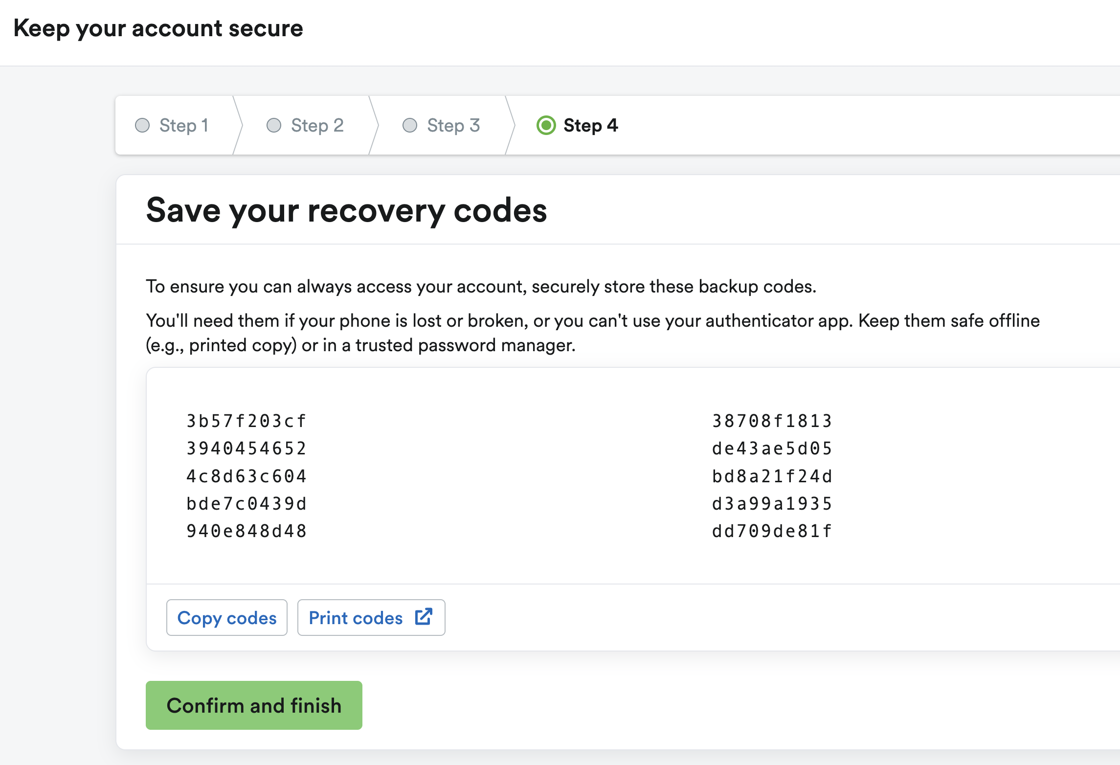 Step 4 page showing list of backup codes and options to 'Copy codes' and 'Print codes'.