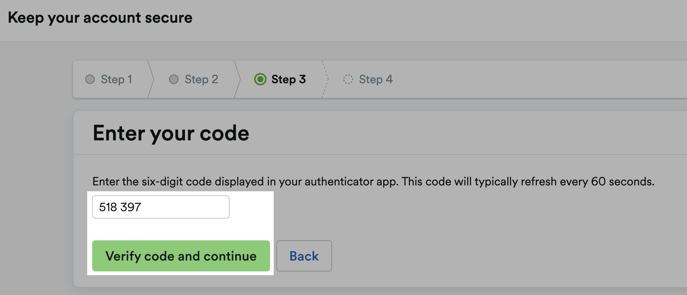 Field for six digit code and 'Verify code and continue' button highlighted on Step 3 page.