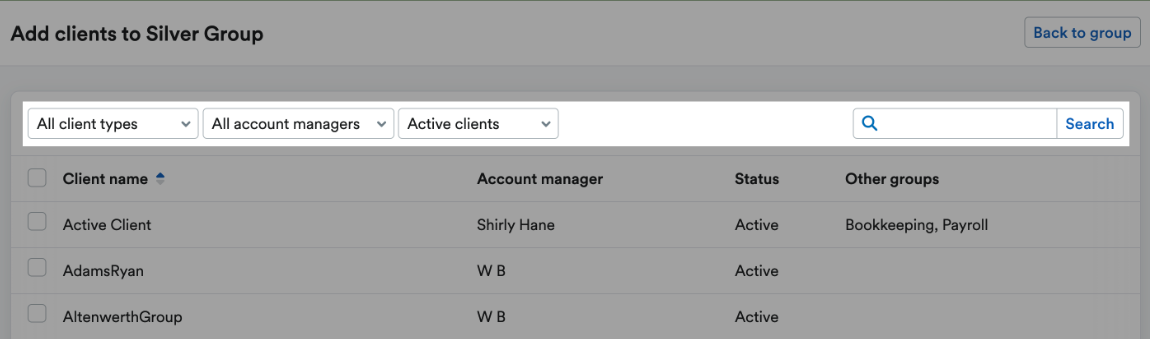 Add clients to Group page with clients listed by filtered options.