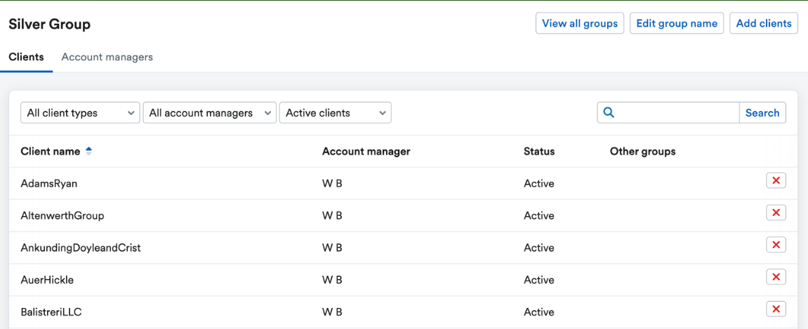 New client group with new clients listed under Clients tab.