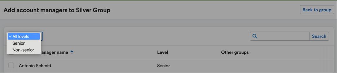 Account manager level drop-down menu with options for 'All levels', 'Senior' and 'Non-senior'.